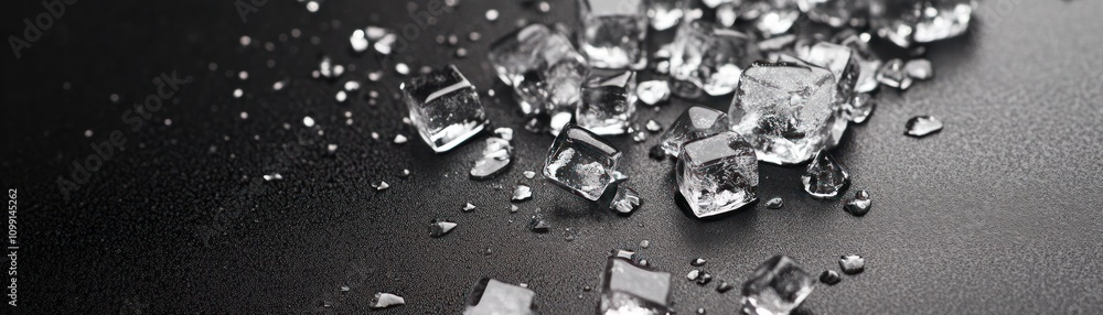 Poster ice cubes scattered on a dark surface, creating a refreshing visual effect.