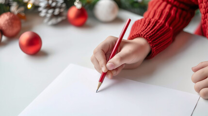 Children's hand with a pencil is ready to draw on white shit of paper a Christmas card, decorations on a white table 
