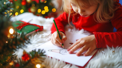 a girl is drawing a Christmas postcard