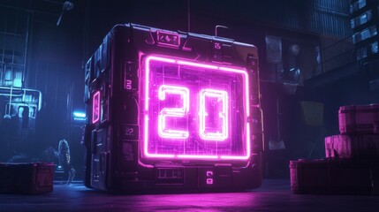 Neon Cube with Glowing Number in Dark Environment