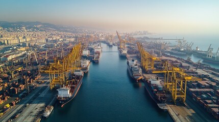 Obraz premium Aerial view of a busy harbor with many cargo ships and cranes.
