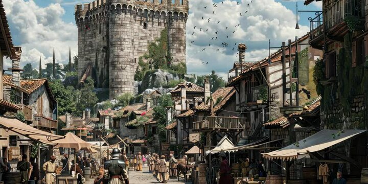 Rustic castle keep with a massive stone keep, a bustling village at its base, thatched-roof cottages and a busy marketplace, peasants going about their daily chores, 4K Video