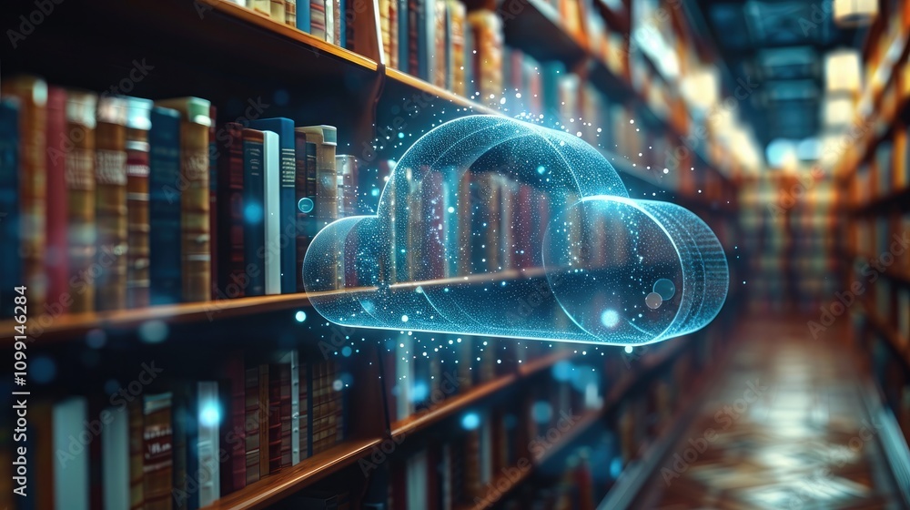 Aufkleber a digital cloud and laptop with a hologram icon on the background, library book shelves, and a futur