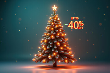 Festive christmas tree with lights and holiday discount promotion for seasonal sales