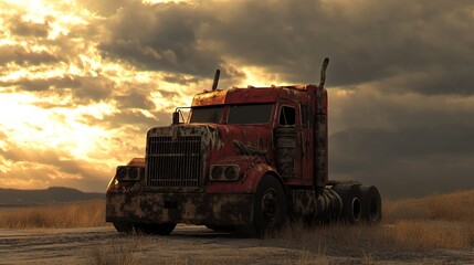 Naklejka premium Rusty Old Truck at Sunset: A Vintage Heavy Vehicle in a Field