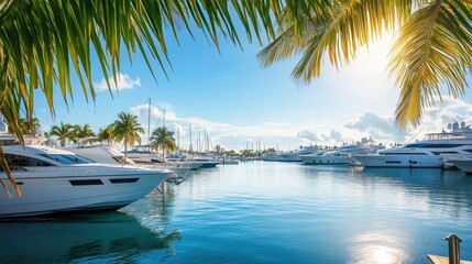 Fototapeta premium A serene marina scene with yachts and palm trees under a bright sky.