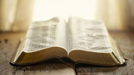 Fototapeta premium Close-up of open Bible on wooden table, sunlight illuminating sacred text, serene contemplative scene with ample copy space for text or design. 