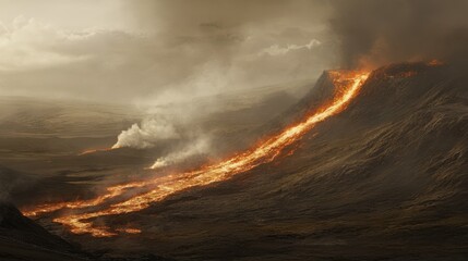 Fototapeta premium Flowing Lava from Erupting Volcano in Dramatic Landscape