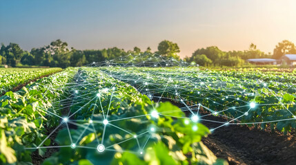 A digitally connected smart farm field with networked crops, highlighting precision agriculture and IoT technology.