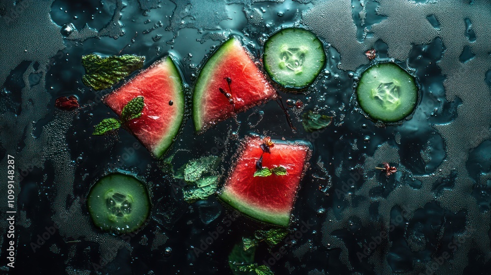 Poster fresh watermelon and cucumber slices with mint on a wet surface, evoking a refreshing vibe.