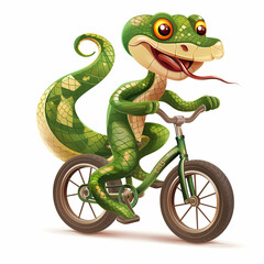 The green funny cartoon snake is riding a bicycle 