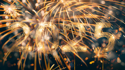 Night New Year fireworks with the number 2025 in the sky