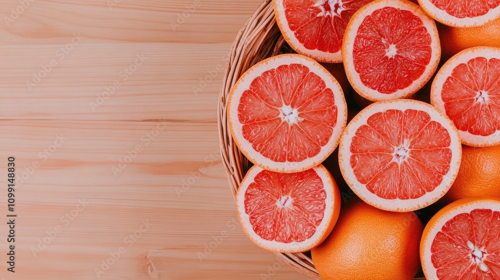 Poster grapefruits displayed in a rustic basket showcasing vibrant colors and textures on a wooden table