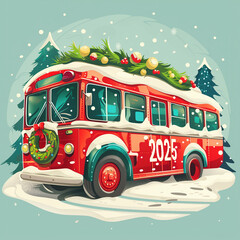 A Red New Year 2025 bus with Christmas decorations 