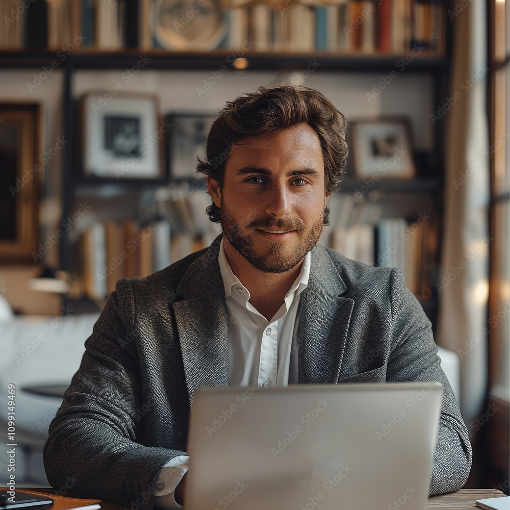 Poster a man in an office setting, sitting at his desk with a laptop open on the table and looking content 