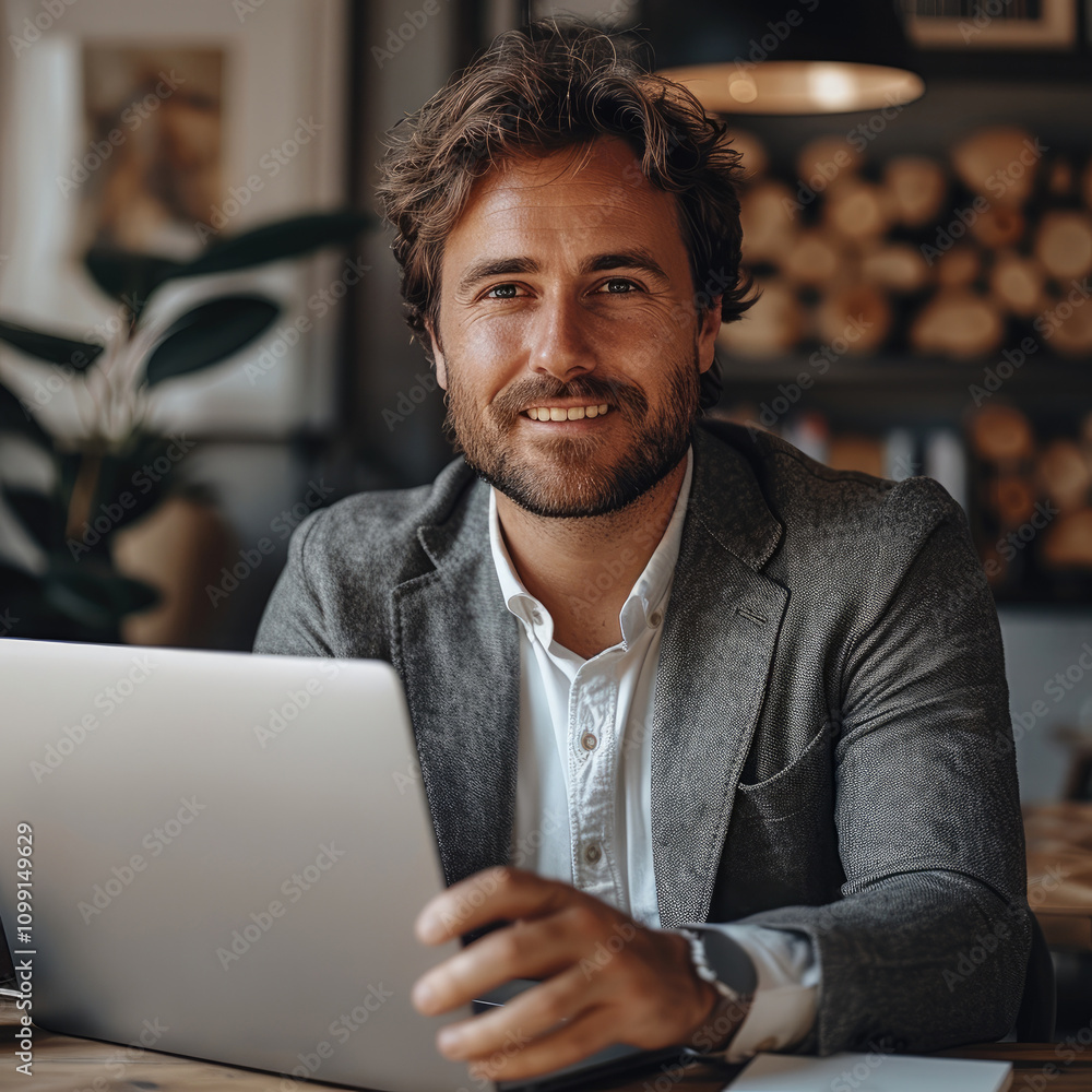 Poster a man in an office setting, sitting at his desk with a laptop open on the table and looking content 