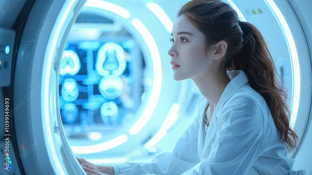 Poster a highly focused medical professional analyzing brain scan data on a high-resolution screen, surroun