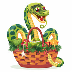 Funny cartoon green snake in a gift box 