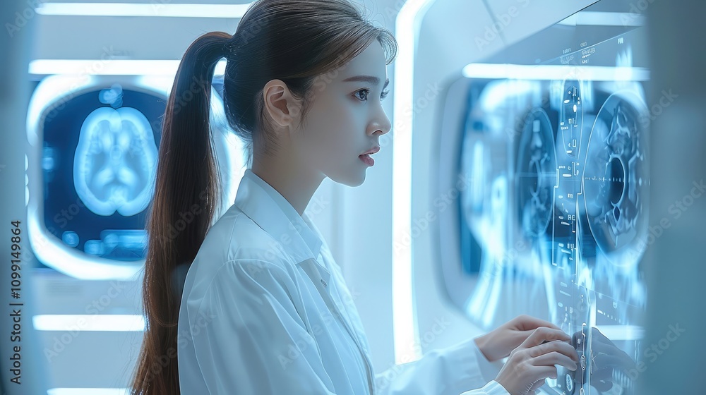 Leinwandbilder a highly focused medical professional analyzing brain scan data on a high-resolution screen, surroun