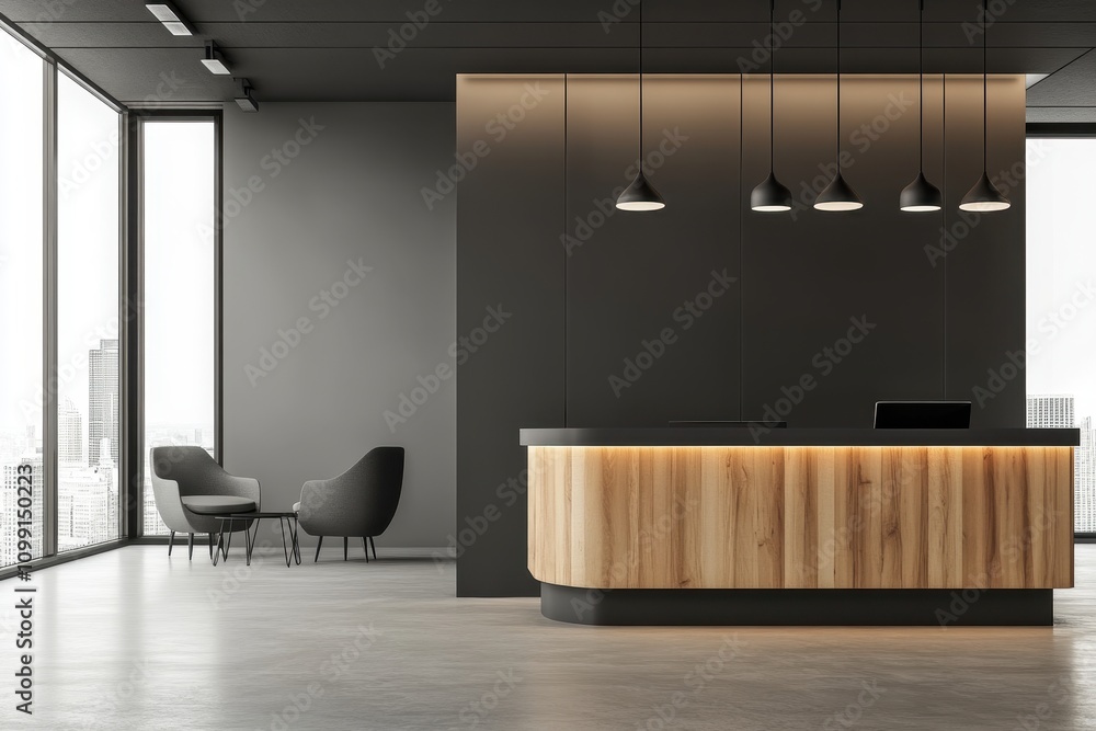Poster modern reception area featuring a sleek desk and comfortable seating with large windows.