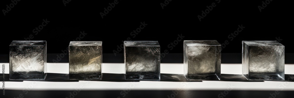Poster five translucent cubes arranged on a surface, illuminated against a dark background.