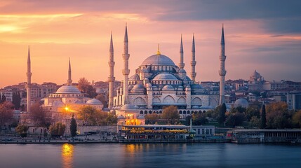 Obraz premium Majestic Sunset View of the Blue Mosque in Istanbul, Turkey