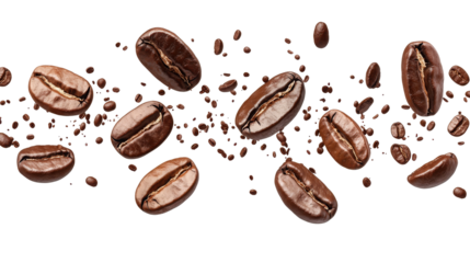 Roasted coffee beans floating in transparent background creative still life