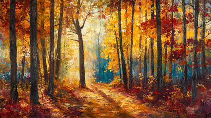 Obraz premium A panoramic view of an autumn forest with sunlight filtering through tall trees, highlighting the vibrant colors of the season. 