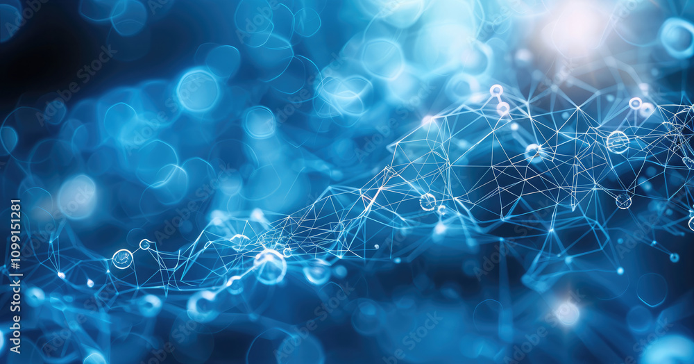 Poster abstract light blue complex network graph with light blue edges and light blue nodes, light backgrou