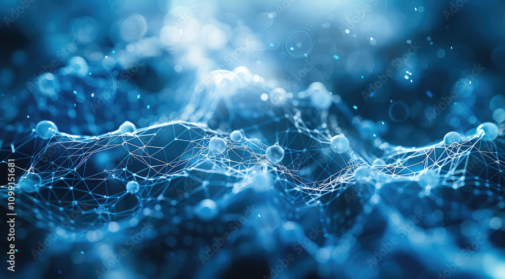 Poster abstract light blue complex network graph with light blue edges and light blue nodes, light backgrou