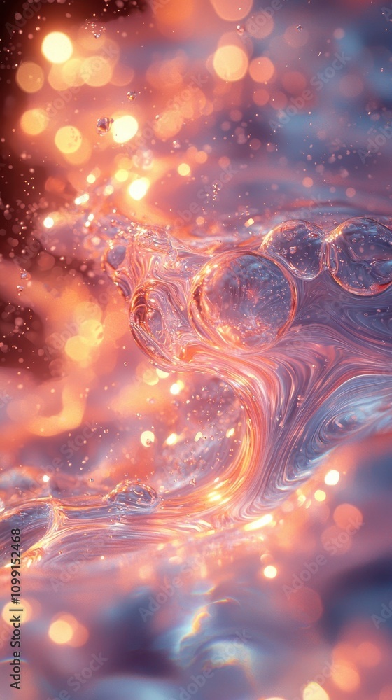 Poster abstract water flow with glowing bubbles digital art fantasy environment close-up view fluid dynamic