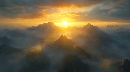 A serene sunrise over a misty mountain range with warm light illuminating the peaks and deep shadows in the valleys