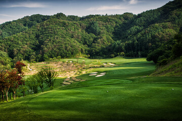 푸르른 숲이 있는 산과 어울어진 골프장 풍경.