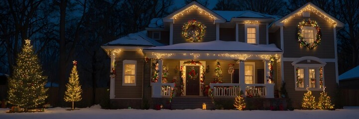 Beautifully Decorated House with Christmas Lights and Snow