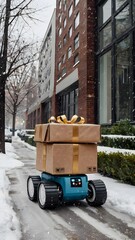 Autonomous Delivery Robots Transporting Christmas Gifts in Snowy Urban Setting