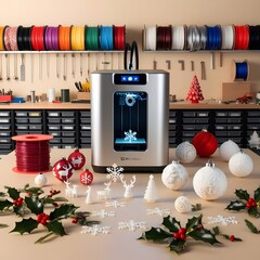 3D Printer Creating Christmas Decorations in Festive Workshop