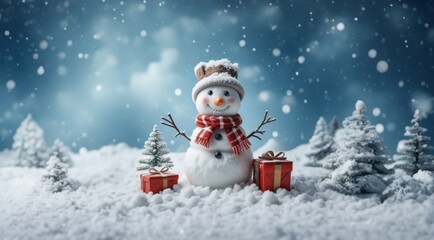 Obraz premium Funny Snowman in the Snow Landscape. Christmas greeting card. Happy Snowman. Snowman for Christmas and New Year. winter snowy forest. Winter holidays. Christmas theme. Christmas banner.