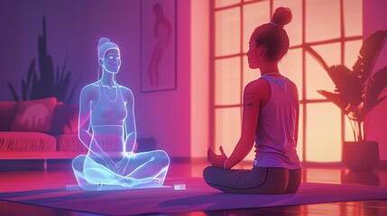 Woman follows virtual yoga instructor.