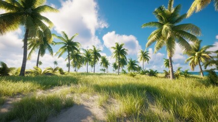 Fototapeta premium Lush Tropical Landscape with Palm Trees and Blue Sky