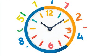 Colorful clock face with playful numbers scattered around. Time concept.