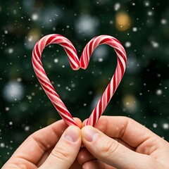 Heart-Shaped Candy Canes in Snowy Christmas Setting