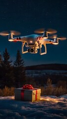 Christmas Drone Delivery with Gift Box in Snowy Night