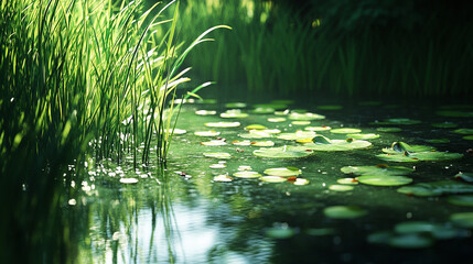 A peaceful pond surrounded by green reeds and lilies