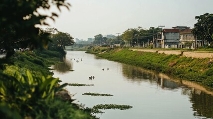 Obraz premium Serene River View with Abundant Greenery and Birds