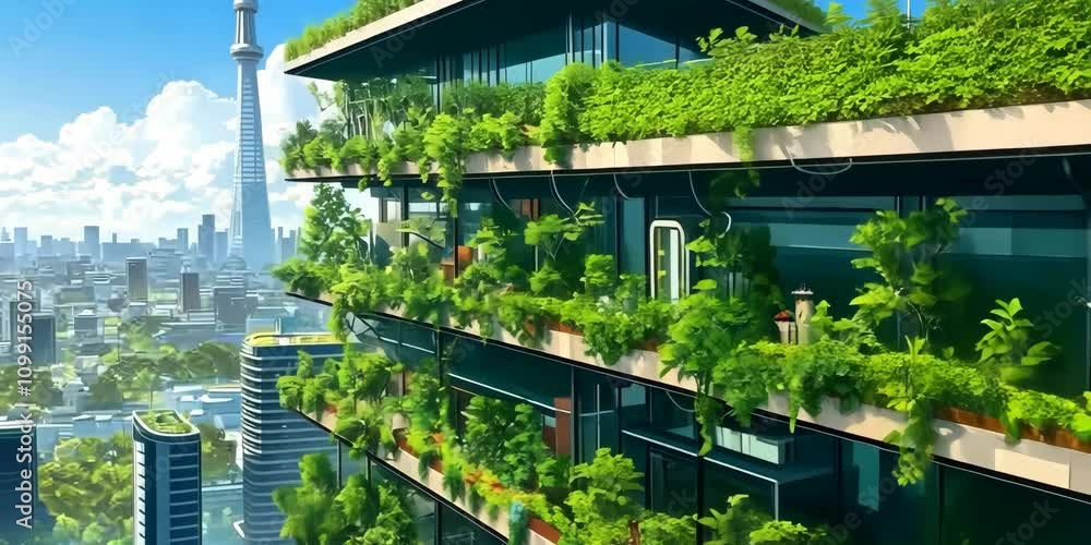 Poster City with sustainable architecture and extensive green networks, 4K Video