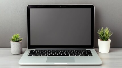 Fototapeta premium A laptop on a desk with two small potted plants beside it.