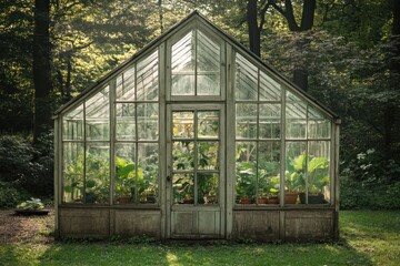 Fototapeta premium A vintage greenhouse surrounded by lush greenery, showcasing various plants inside.