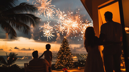 A Brazilian family celebrates Christmas on the terrace of their house, watching fireworks exploding in the tropical sky, Ai generated images