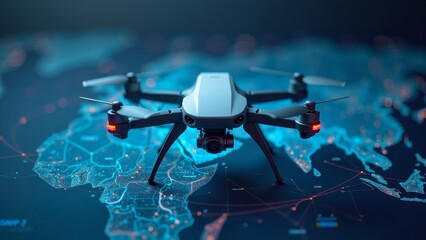 Advanced drone circulating above a glowing digital world map with data lines and points