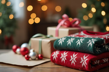 Cozy christmas scene with holiday sweaters and wrapped gifts